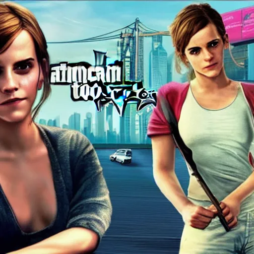 Image similar to emma watson on a gta 5 cover art