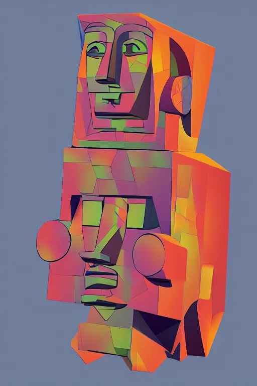 Image similar to cubist moai statue cutout digital illustration cartoon colorful beeple