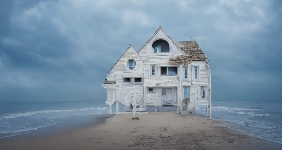 Image similar to pearly white seashell house, atmospheric cinematography