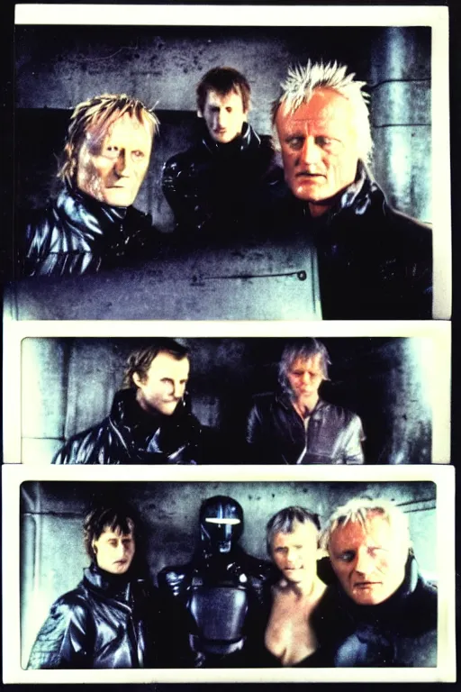 Image similar to old polaroids with rutger hauer, ford, sir ridley taken on the set of blade runner, 1 9 8 2