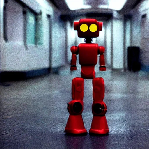 Image similar to fujifilm superia photo of uncanny valley tiny robot, in the empty london underground, dirty, grainy, liminal