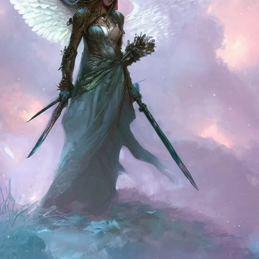 Image similar to a female angel warrior reigns on a magical forest, marc simonetti, detailed, artstation