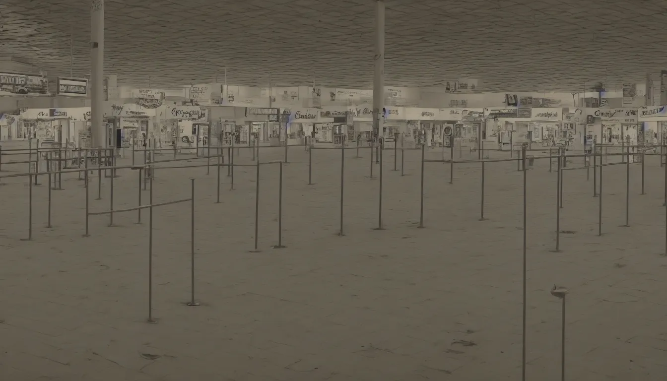 Image similar to empty fair, counters, no people, sad, melancholic, depressing, very detailed, emotional, 4 k