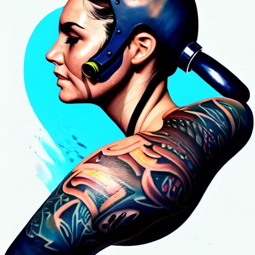 Image similar to a profile photo of a woman with diving helmet with tattoos on arm and neck, side profile in underwater, highly detailed, digital painting, artstation, sharp focus, illustration by Sandra Chevrier