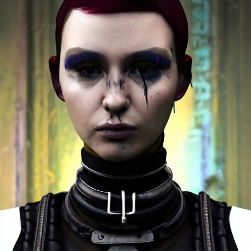 Prompt: detailed realistic female character cyberpunk wearing thick steel collar around neck, realistic, art, beautiful, 4K, collar, choker, collar around neck, punk, artstation, detailed, female, woman, choker, cyberpunk, neon, punk, collar, choker, collar around neck, thick collar, choker around neck, wearing choker, wearing collar, face, beautiful face, alternative,