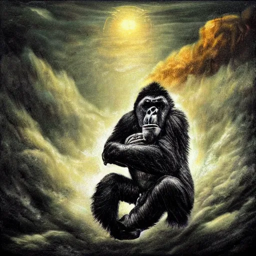 Prompt: gorilla falling from heaven, in the style of deathspell omega's fas album cover