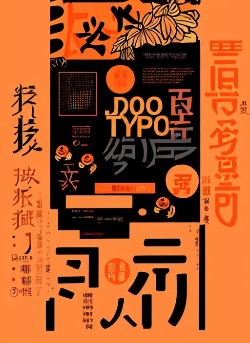 Prompt: poster design with duochrome contemporary typographic Japanese katakana, black and orange colour palette, layout design, illustrator vector graphics