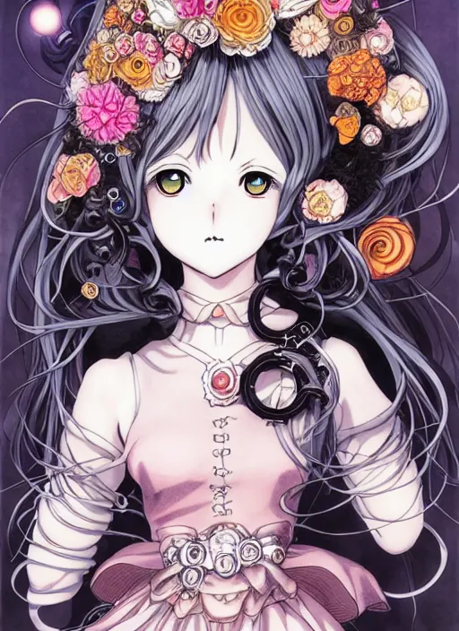 Image similar to fantastic manga character design of beautiful cat girl witch with a robot, curls hair, rococo ruffles dress, rosette, symmetrical face, cute, fairy, by mai yoneyama, takeshi obata, katsuhiro otomo, kelly mckernan, detailed background, illustration, artstation, concept art, highly detailed, colorful, maximalist