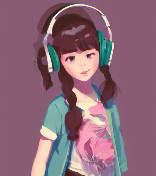 Image similar to beautiful little girl character inspired by 9 0's fashion and by madeline from celeste, art by rossdraws, wlop, ilya kuvshinov, artgem lau, sakimichan and makoto shinkai, concept art, headphones, anatomically correct, extremely coherent, realistic, hd