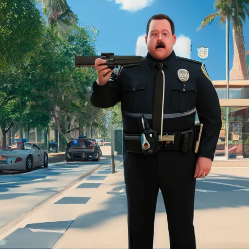 Prompt: paul blart mall cop, hyperrealistic, concept art, octane render, unreal engine 5, path tracing, advanced technology, soft lighting, ruined, alien, high quality, highly detailed, 8 k, complementary colors, cgsociety