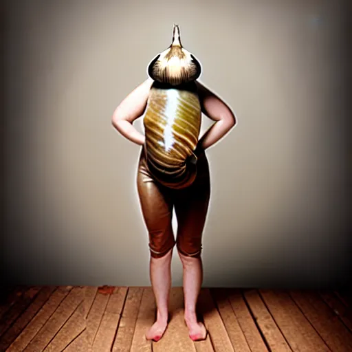 Image similar to modern full body color studio photograph of real snail woman, woman made out of snail