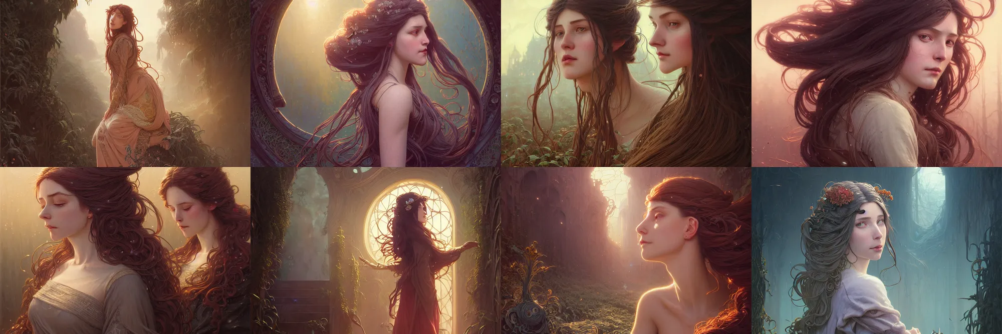 Image similar to highly detailed portrait of a woman with long hairs, stephen bliss, unreal engine, fantasy art by greg rutkowski, art nouveau, loish, rhads, ferdinand knab, makoto shinkai and lois van baarle, ilya kuvshinov, rossdraws, tom bagshaw, alphonse mucha, global illumination, radiant light, detailed and intricate environment