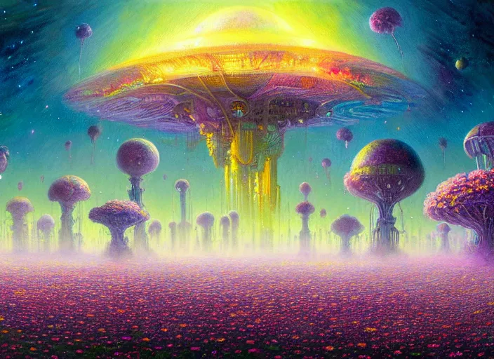 Prompt: a beautiful painting of a large alien city shrouded by mystic nebula magic in a field of flowers by moebius and android jones, oil on canvas sharp, details, hyper - detailed, hd, hdr, 4 k, 8 k