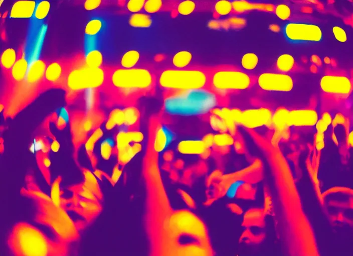 Image similar to a 2 8 mm macro photo of a crowd at a colorful discotheque in silhouette in the 1 9 7 0 s, bokeh, canon 5 0 mm, cinematic lighting, dramatic, film, photography, golden hour, depth of field, award - winning, 3 5 mm film grain