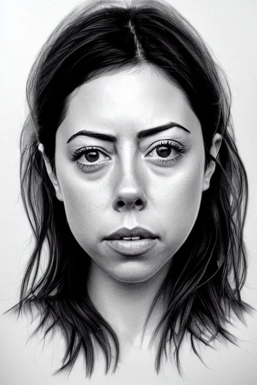 Prompt: hyperrealistic pencil drawing portrait of an actress that looks like aubrey plaza and rosa salazar