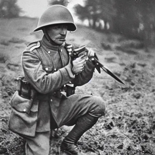 Prompt: previously unseen leaked ww1 photographs of kirby on the battlefield, soldier kirby photo restoration ww1 era photograph, soldier kirby in ww1 field