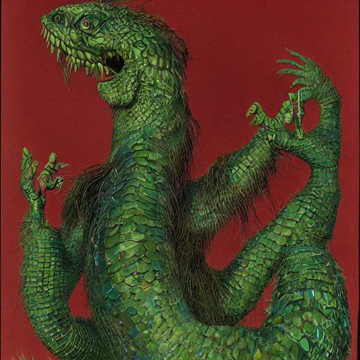 Image similar to close up portrait of an mutant monster creature with proud, reptilian allure, iridescent scales, dovish feathers, diaphanous fungic protuberances. jan van eyck, walton ford