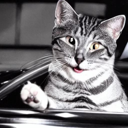 Prompt: Toonces, The Cat Who Could Drive A Car, driving a car on an SNL soundstage in the 90's