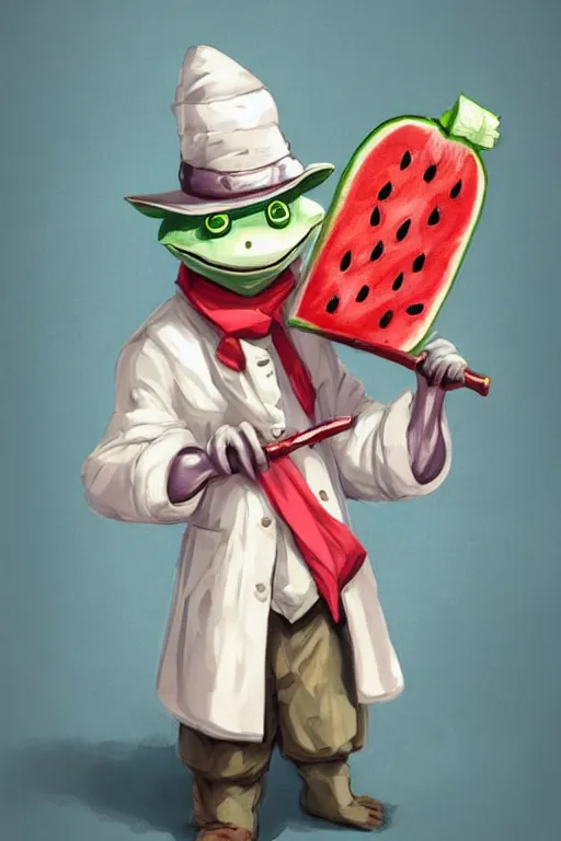 Image similar to cute anthropomorphic frog wearing a white butcher coat with a white butcher hat and holding a cleaver, cutting a wipe red watermellon, tiny, small, miniature frog, baby animal, short, pale blue armor, cute and adorable, pretty, beautiful, DnD character art portrait, matte fantasy painting, cgsociety Artstation, by Jason Felix by Steve Argyle by Tyler Jacobson by Peter Mohrbacher, cinematic lighting