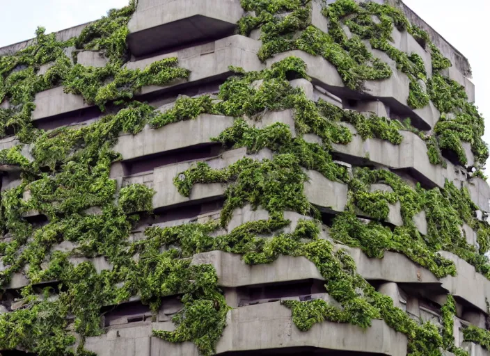 Prompt: the worst excesses of mid 2 0 th century'brutalist'architecture are camouflaged with flowering vines, cinematic matte painting