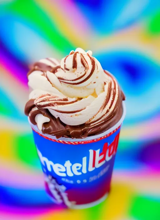 Prompt: chocolate - vanilla soft serve ice cream swirl in a cup. food photography. colorful candies and nutella sauce on top. cinematic, delightful, tasty, beautiful, cinematic lights in behind. realistic. details. canon ef - s 3 5 mm f / 2. 8 macro is stm