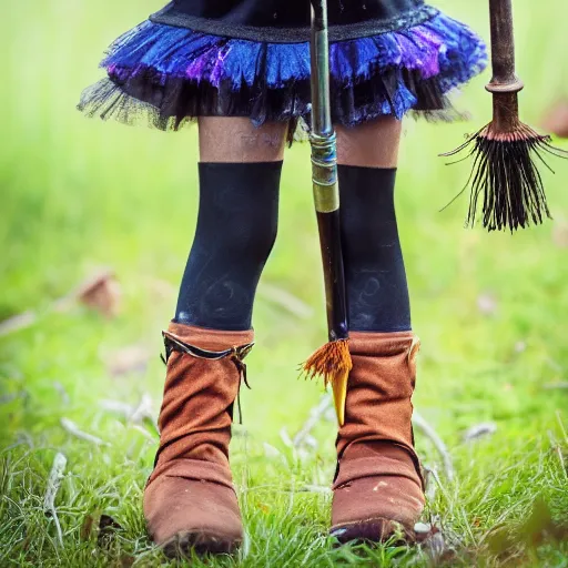 Prompt: young witch with magic wand and broom cosplay, she wears boots, full body, photo taken by nikon, 4k, high quality, very detailed, intricant