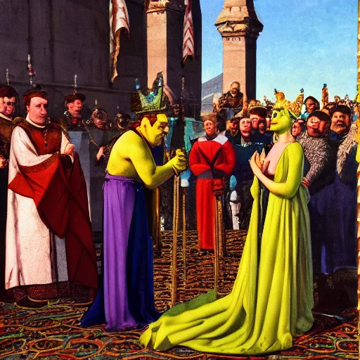 Image similar to shrek is crowned as the byzantine emperor, oil on canvas, 1 8 9 3, high quality, high resolution