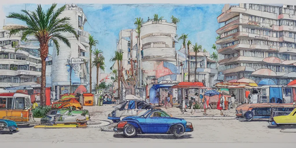 Prompt: street artists. painting of rounded bauhaus buildings in a junction in dizingof center in tel aviv. highly detailed. pen drawing painted with watercolors. colorful. low buildings. palm trees. super realistic. fluffy