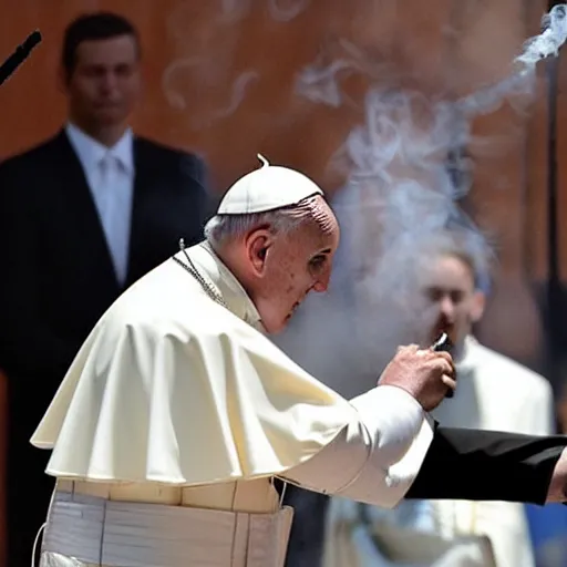 Image similar to the pope smoking a blunt and exorcising some demons