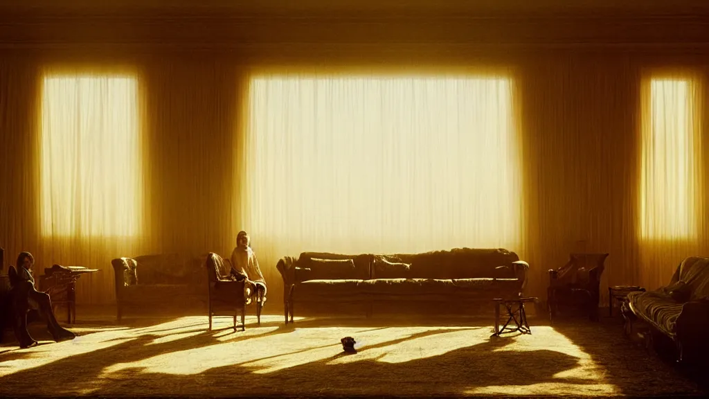 Image similar to the longest living room in the world, film still from the movie directed by Denis Villeneuve with art direction by Zdzisław Beksiński, golden hour