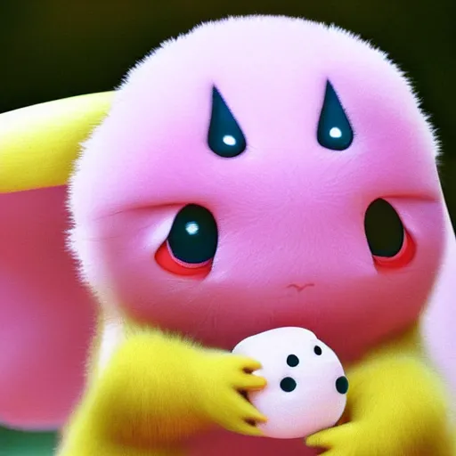 Prompt: pikachu taking a bite out of jigglypuff, national geographic photo, photo realistic, hyperrealistic, wildlife photo, 4 k, ultra detailed