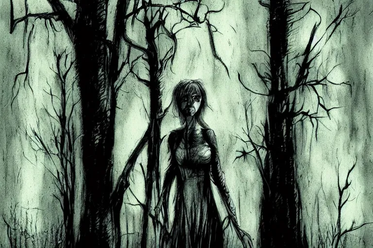 Image similar to mad girl wandering the woods artwork by ben templesmith