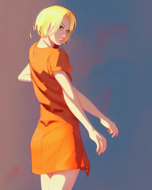 Image similar to blond woman in an orange ripped short dress, by artgerm, by studio muti, greg rutkowski makoto shinkai takashi takeuchi studio ghibli