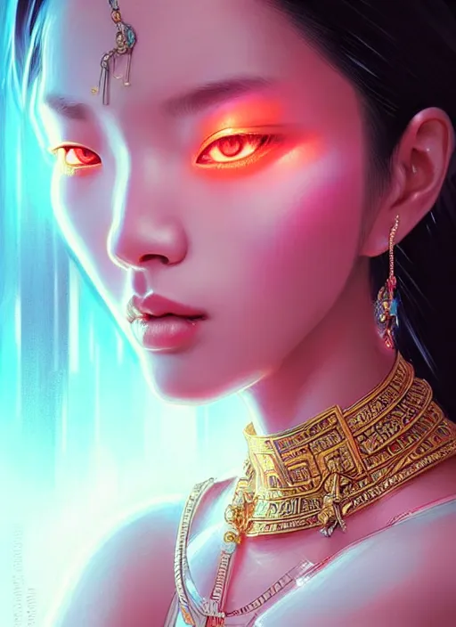 Prompt: portrait of asian female humanoid with transparent jewelry accessories, very details, elegant, cyber neon lights, highly detailed, digital illustration, trending in artstation, trending in pinterest, glamor pose, concept art, smooth, sharp focus, art by artgerm and greg rutkowski