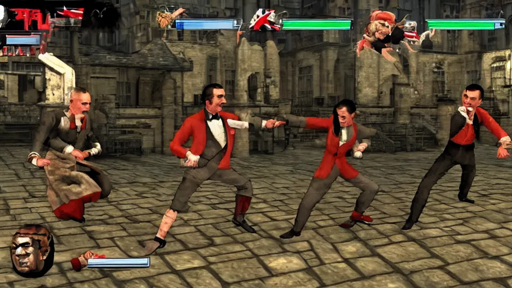 Image similar to mr bean fighting queen elizabeth in mortal kombat, video game, gameplay, screenshot