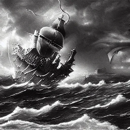 Prompt: realistic sea monster destroying a steampunk ship during a storm