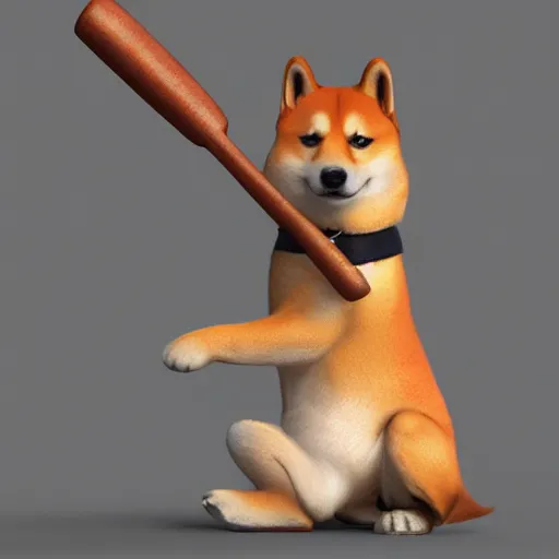 Image similar to shiba inu holding a baseball bat on his hand, cinematic lightning, 4 k, ultra detailed, trending on artstation, masterpiece, digital art.