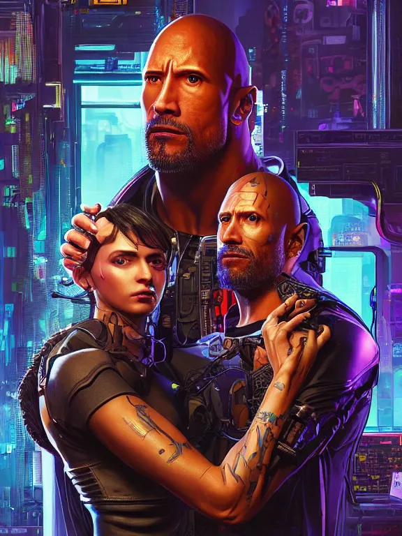 Image similar to a cyberpunk 2077 portrait of Dwayne Johnson holding a female android with couple pose,complex mess of cables and wires behind them connected to giant computer, love moive,film lighting, by laurie greasley,Lawrence Alma-Tadema,William Morris,Dan Mumford, trending on atrstation, full of color,face enhance,sharp focus, highly detailed,8K, octane,golden ratio,cinematic lighting