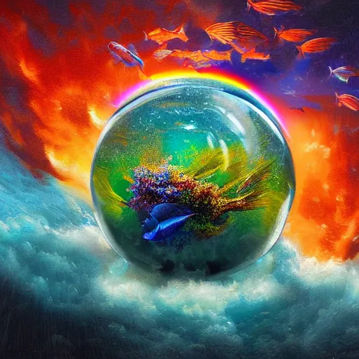 Prompt: ultra realist soft painting of an underwater fish universe in a storm globe, symmetry accurate features, very intricate details, rainbow lighting, volumetric light water