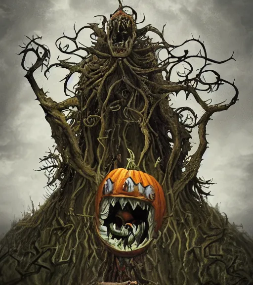 Image similar to a tim burton design of a horrifying king creature made of pumpkin, fat, limbs made from vines, sitting on a stone throne, detailed game art illustration, menacing carved facial expression, creepy lighting, dynamic pose, 4 k artstation, masterpiece