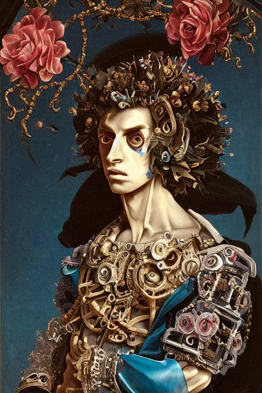 Prompt: full-body baroque and cyberpunk style sculpture of a young handsome Spanish prince half android with a chest opening exposing circuitry and blue electric sparks, glowing pink laser eyes, crown of peach roses, flowing teal-colored silk, fabric, flowers. baroque elements, human skull. full-length view. baroque element. intricate artwork by caravaggio. many many birds birds on background. Trending on artstation, octane render, cinematic lighting from the right, hyper realism, octane render, 8k, depth of field, 3D