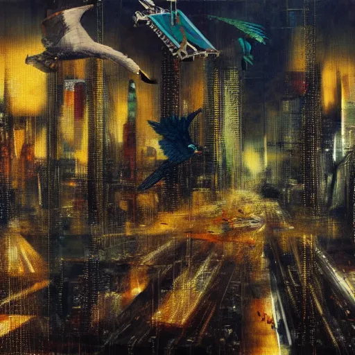 Image similar to a mechanical bird flies over a progressively rasterized digital neon city, oil on canvas by dave mckean and ivan shishkin