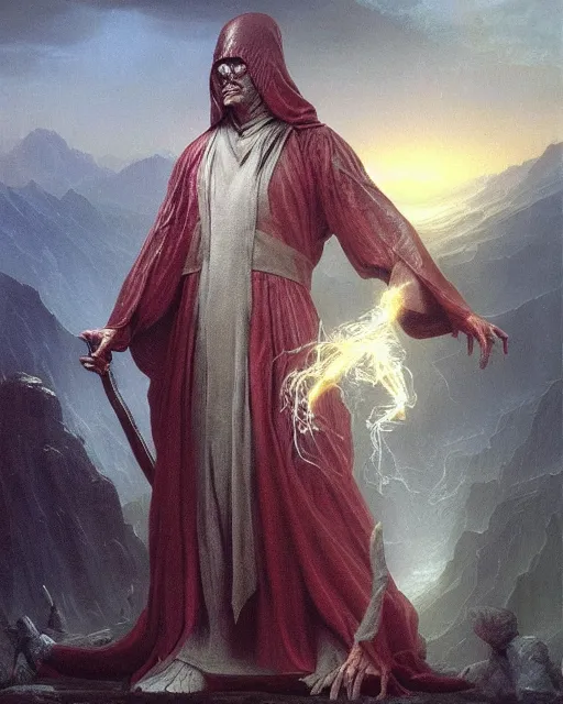 Image similar to A wizard. He has a very menacing expression. he wears robes. Award winning oil painting by Thomas Cole and Wayne Barlowe. Highly detailed