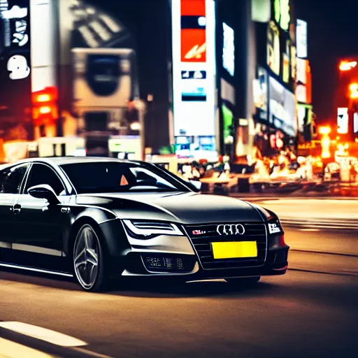 Image similar to photo of a black elongated audi a 7 sportsback at night driving fast through a shibuya, cinematic, 4 k, long exposure photography, tokyo drift, fast and furious, kodak portra 4 0 0