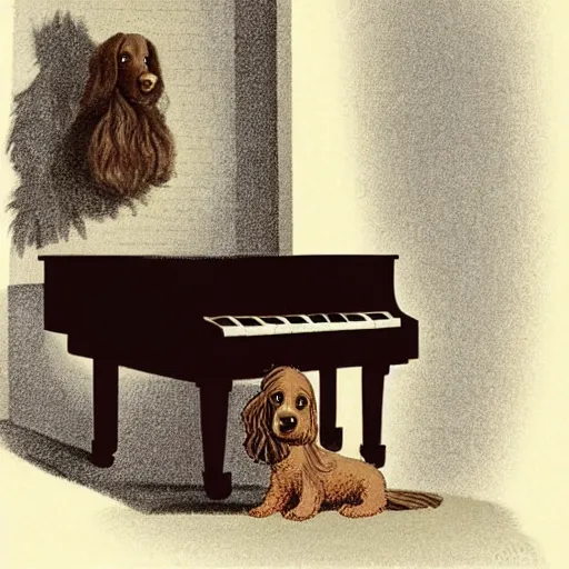 Image similar to a brown spaniel with a white chest , sat down playing a grand piano.modern. book illustration, lighting. Artwork. no text