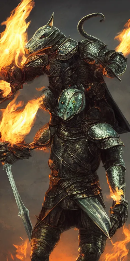 Image similar to full body portrait of half rat knight holding a great sword made of fire, anthropomorphic, prompt:hyper realistic, high detail, photo realistic, cinematic lighting, rendering by octane, spot lighting, in a open field, high quality, coherent. green hue armor