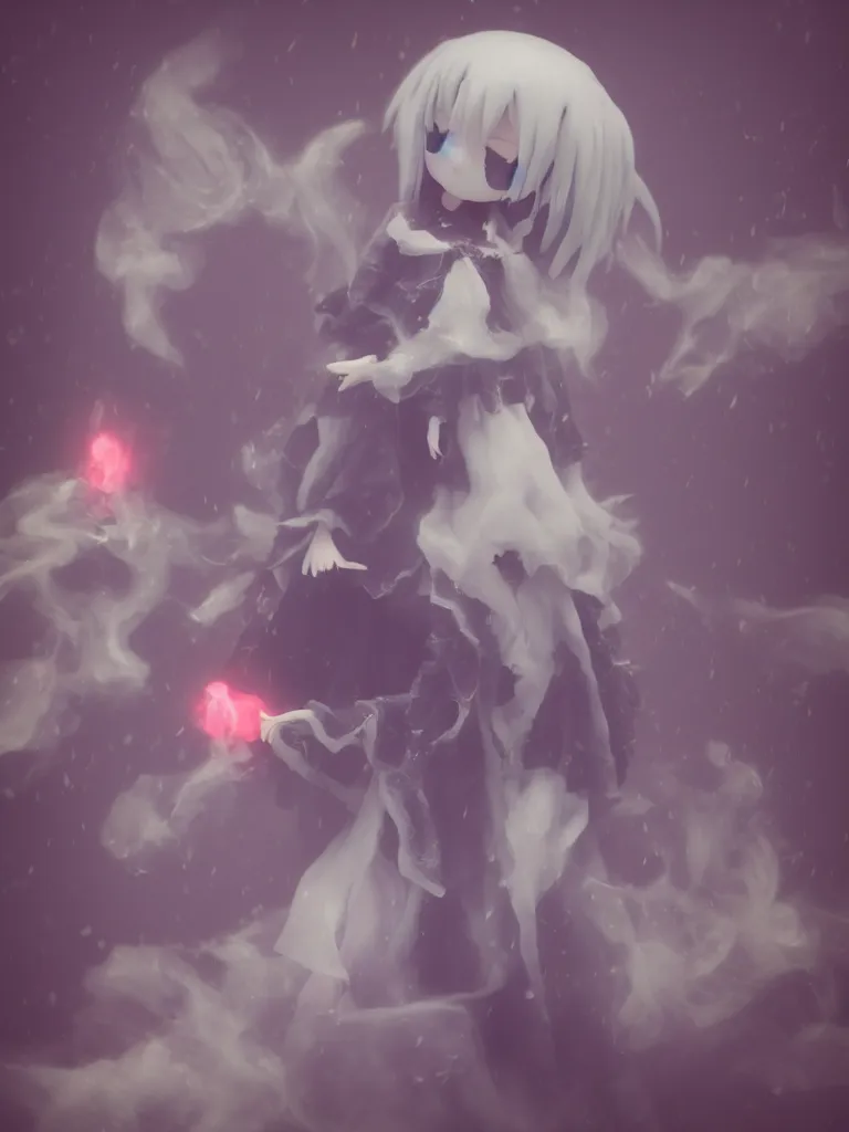 Prompt: cute fumo plush of a cursed frail witch girl held in the arms of a ghost, melting volumetric smoke and fog, environment map pbr reflective stormy water, goth, vignette, vray