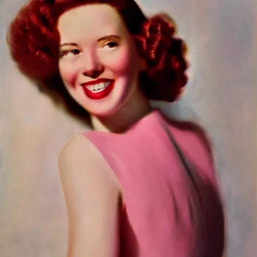 Image similar to tall, lithe woman, soft red hair, fair skin, normal rockwell, 1 9 4 0's, liberty curls, flushed cheeks, pink lips, beautiful smile, full body portrait, posing