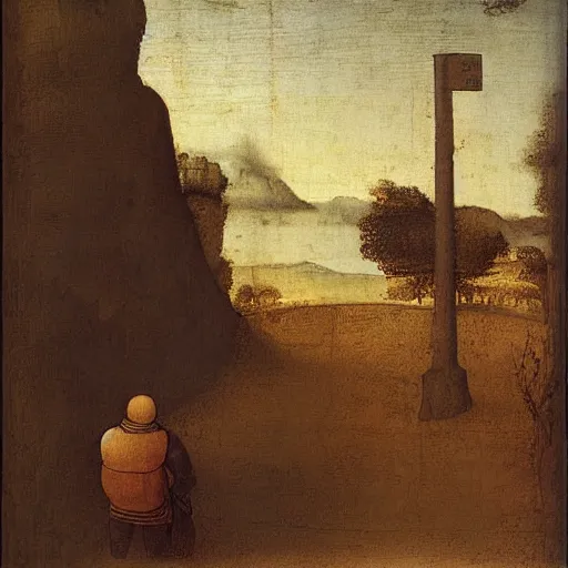 Prompt: a man missing the bus in the morning, by leonardo da vinci