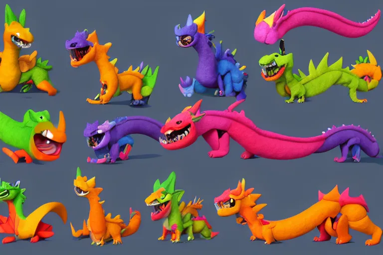 Prompt: 3 d render of felt cute dragon, colorful, vibrant, character turnaround, character design sheet